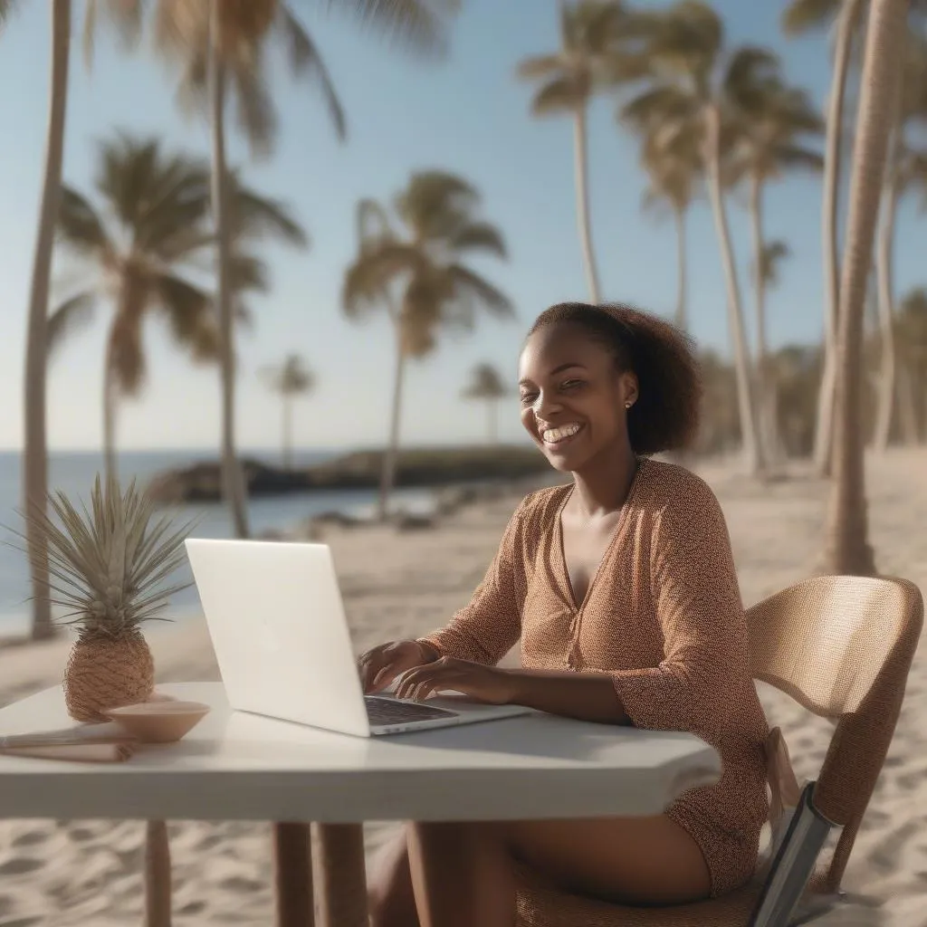 Woman Working Remotely on Beach