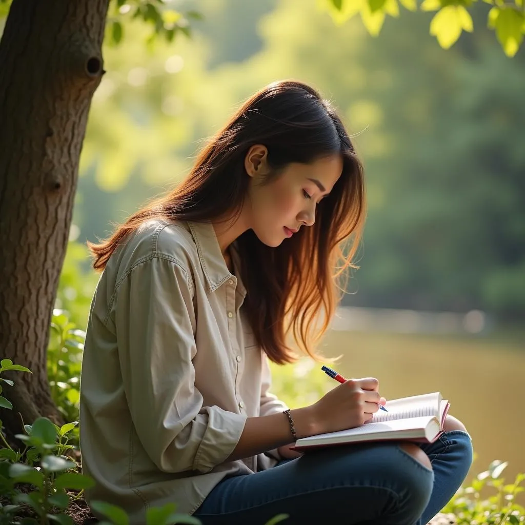 Woman journaling in a peaceful outdoor setting, reflecting on her experiences