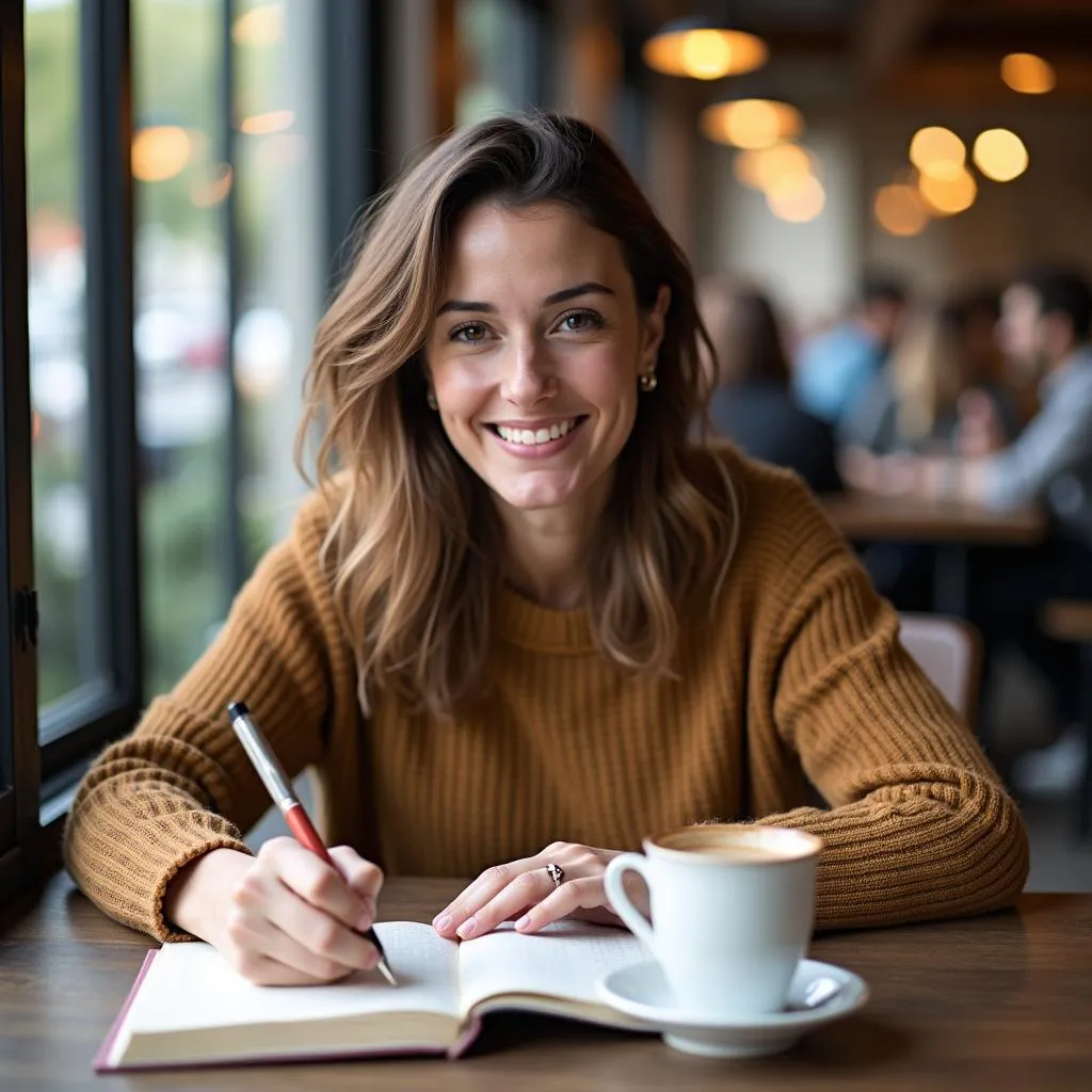 Woman writing in a travel journal