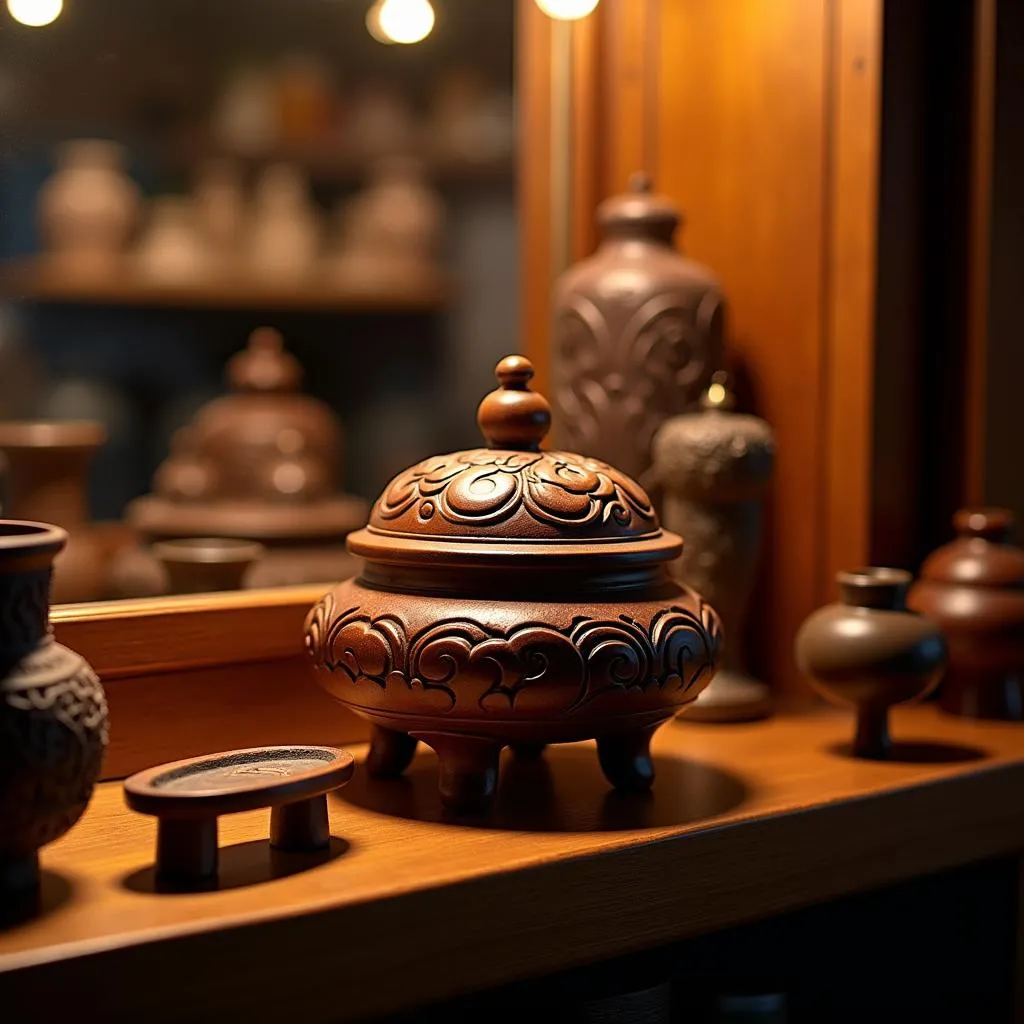 Wooden incense burner on display