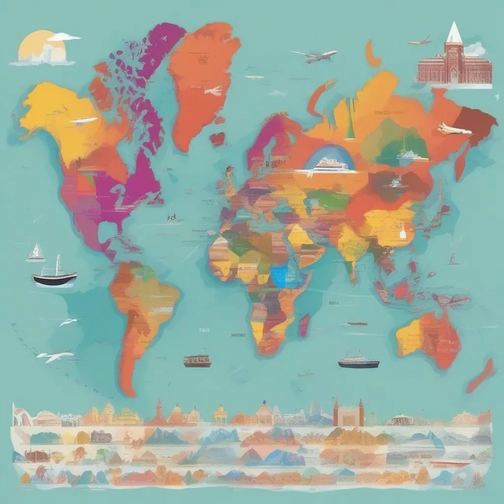 World map with marked travel destinations