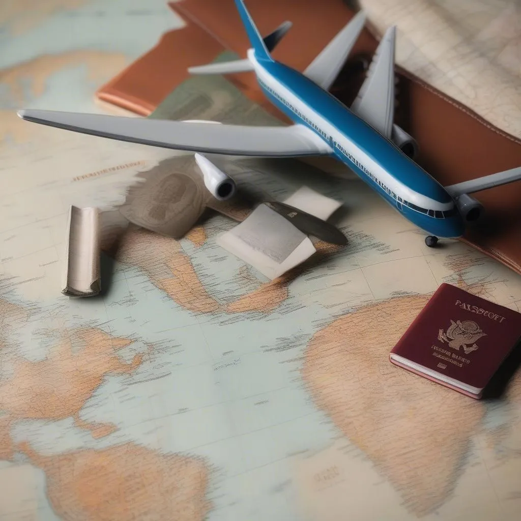 World map with passport and airplane