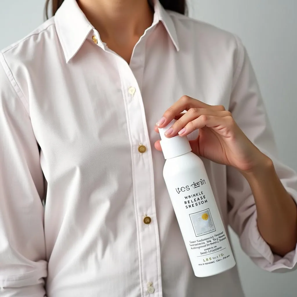 A hand holding a wrinkle release spray bottle next to a linen shirt.