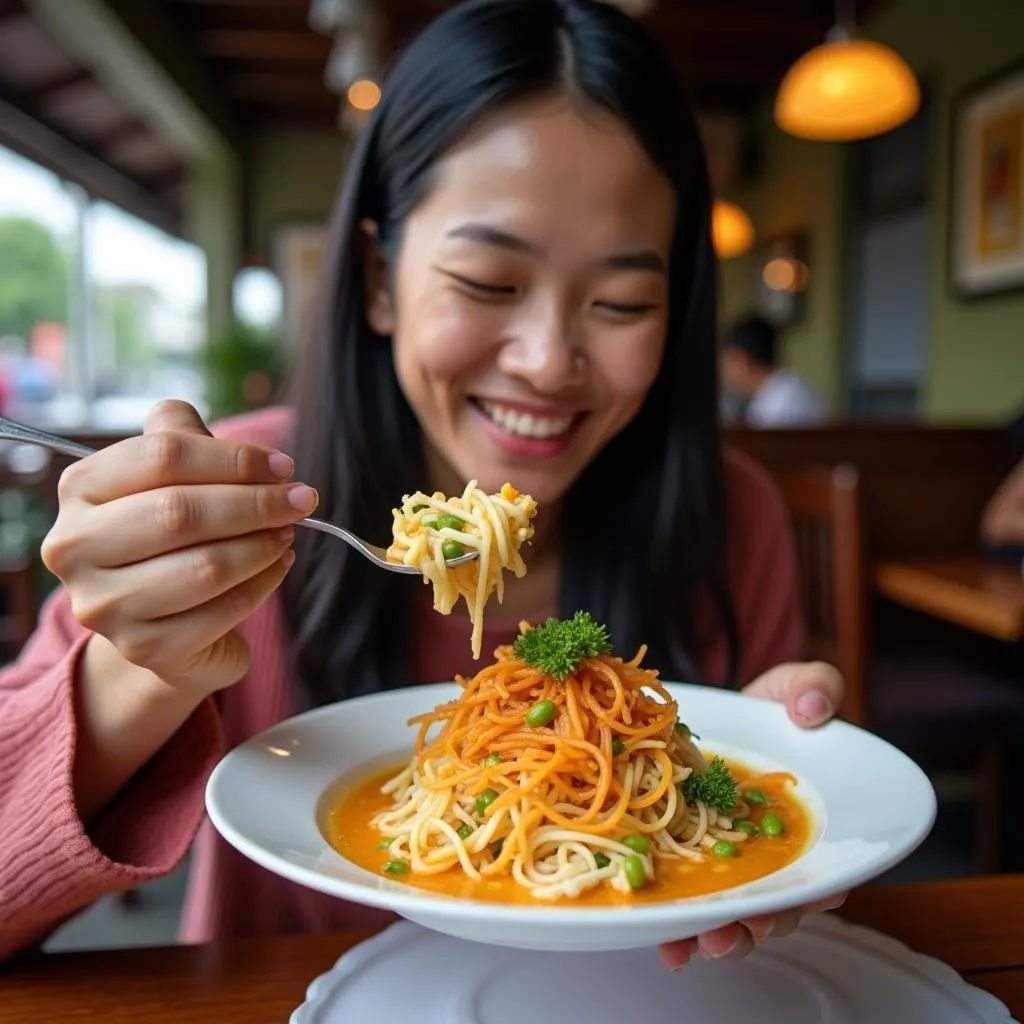 Woman enjoying xoi ga for breakfast in Hanoi