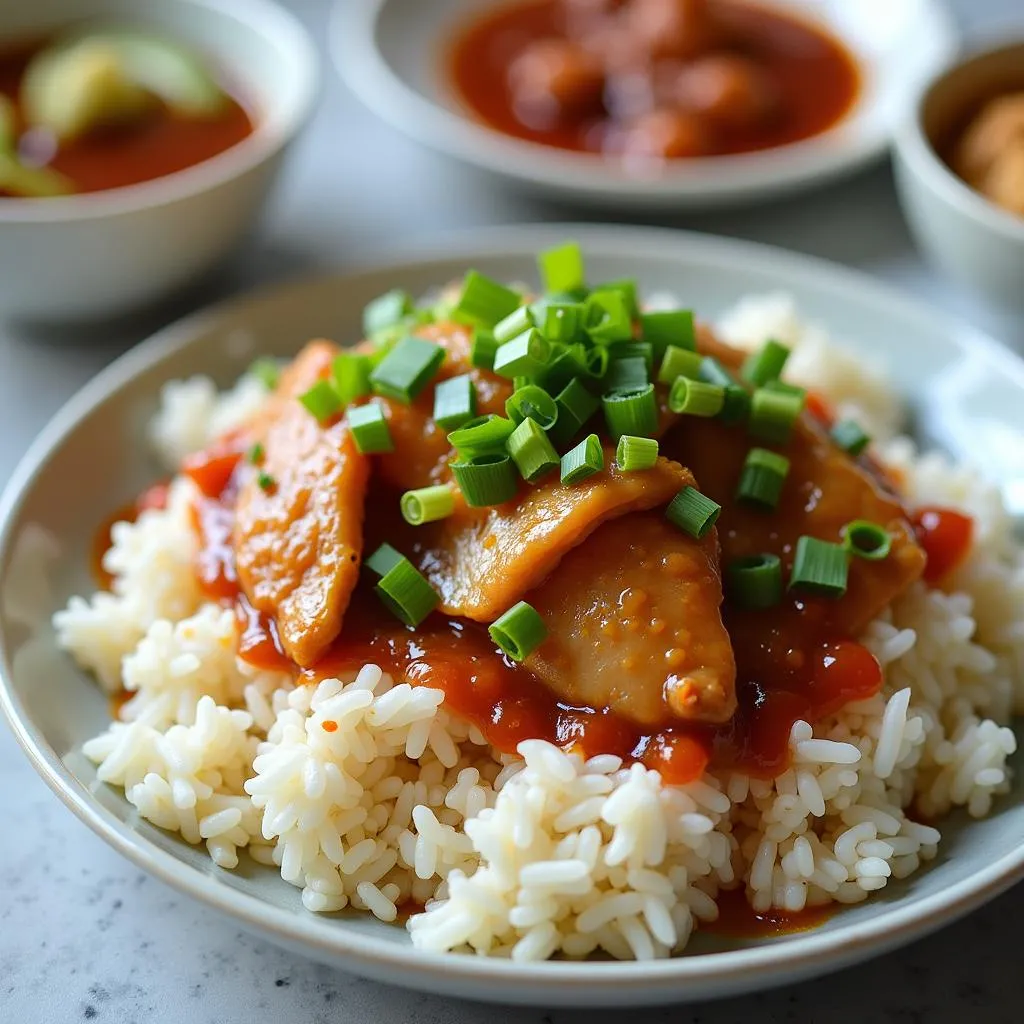 A plate of Xoi Ga, a classic Vietnamese dish, featuring fragrant sticky rice topped with tender chicken and flavorful sauces