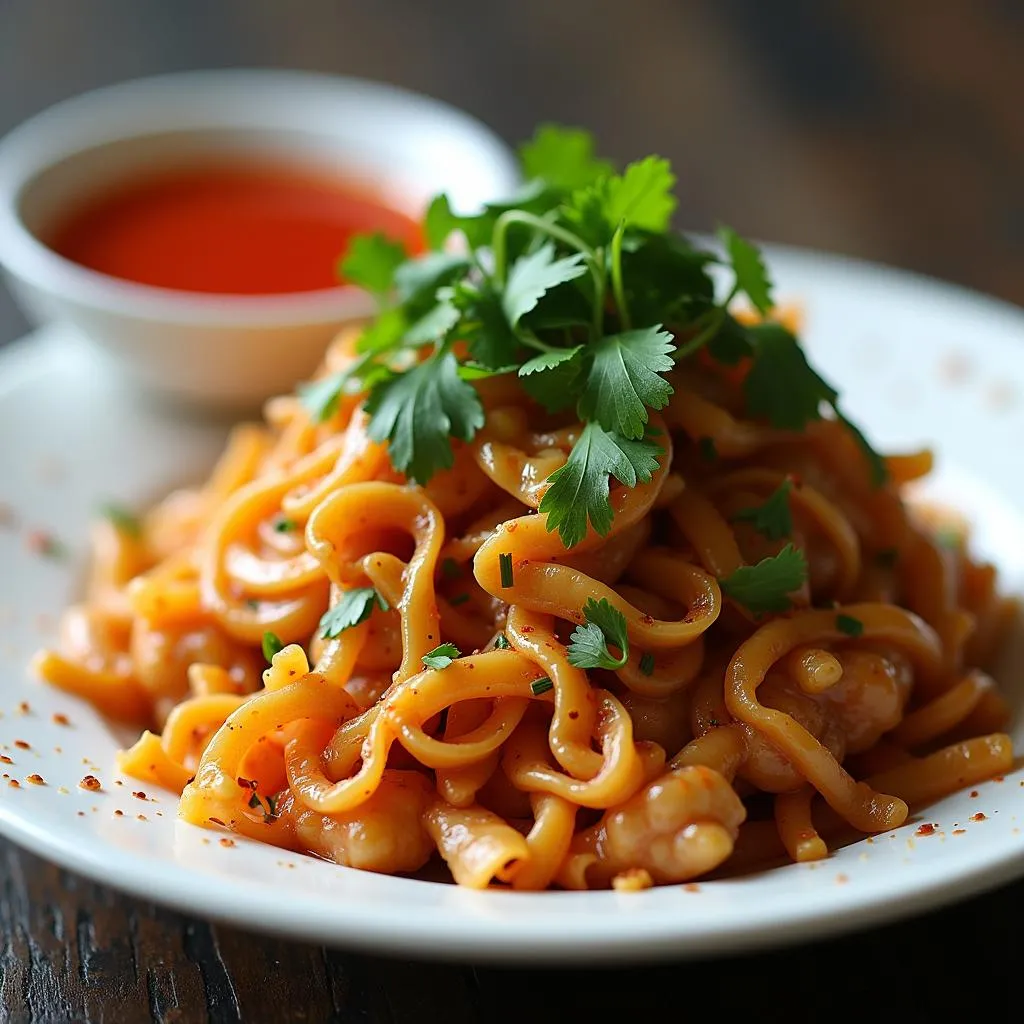 Plate of xoi lap xuong with chili sauce