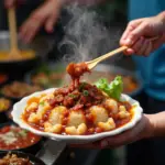 Hanoi street food vendor serving xoi xa xiu