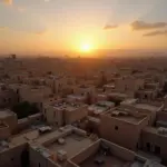 Yazd rooftop city at sunset