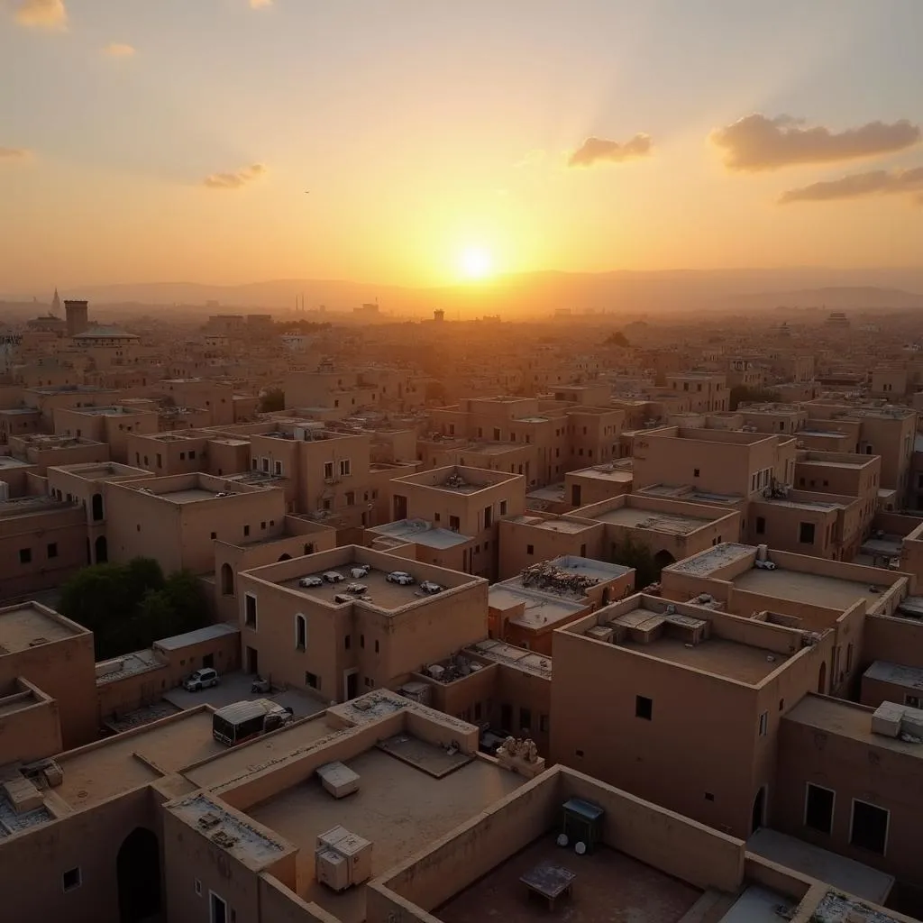 Yazd rooftop city at sunset