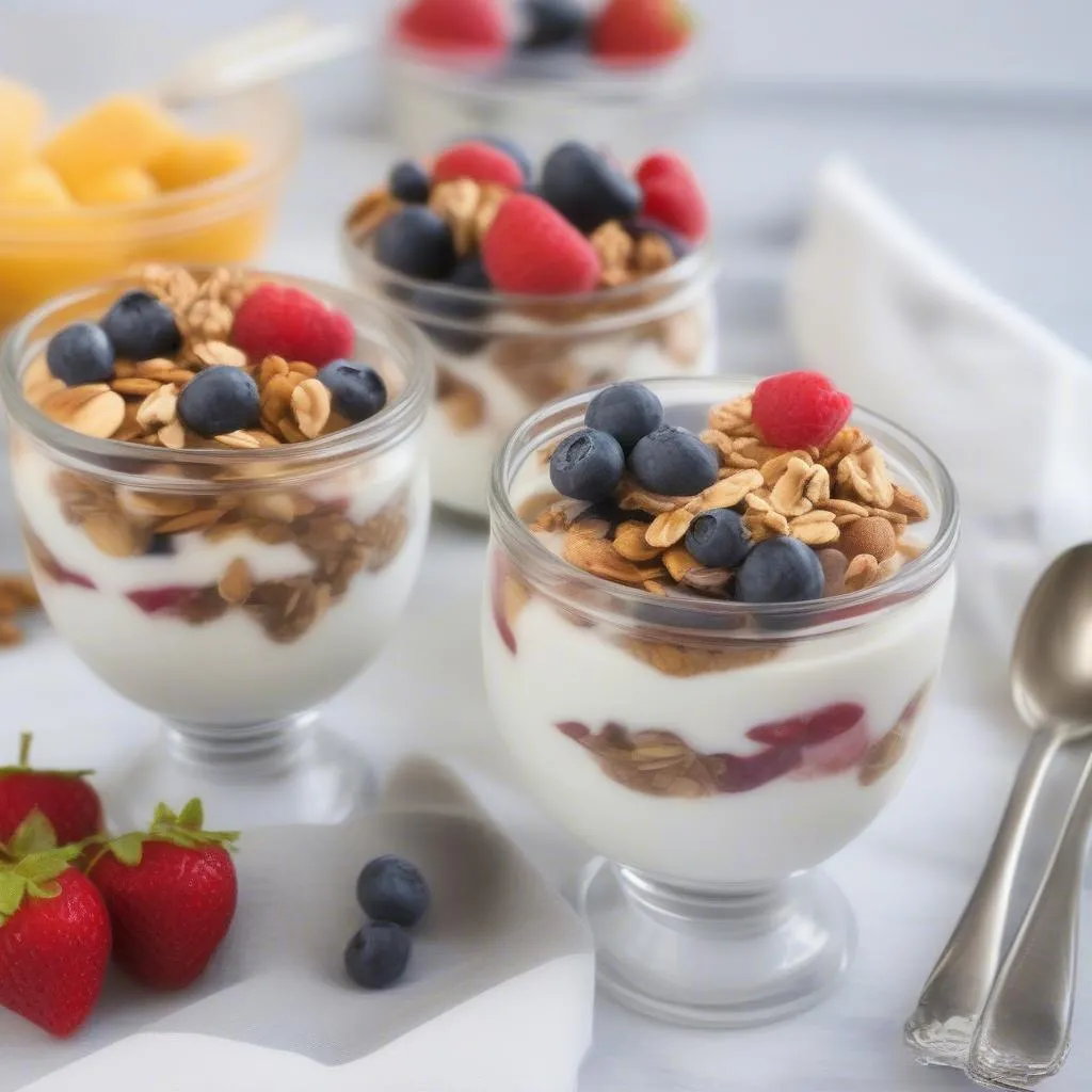 A yogurt parfait with layers of Greek yogurt, granola, and berries