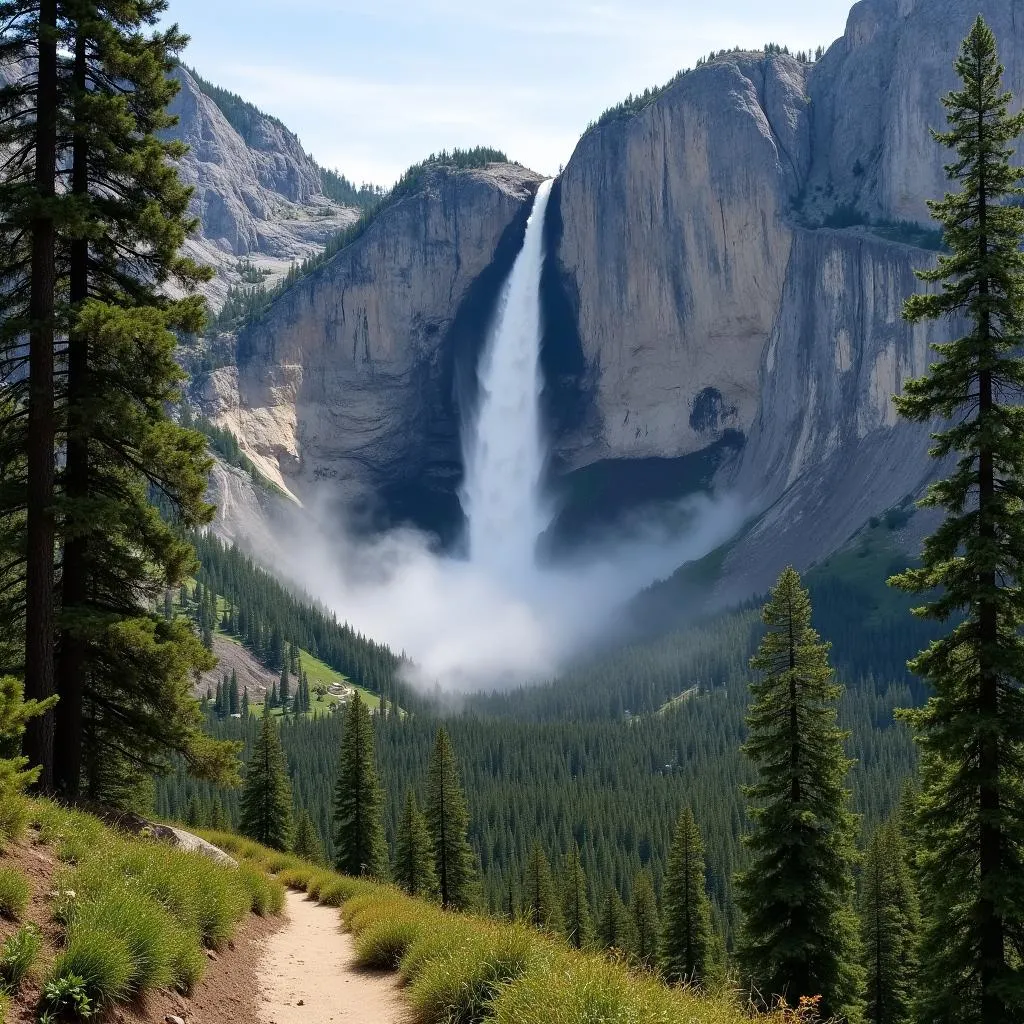 Breathtaking view of Yosemite Falls from a hiking trail