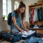 Young traveler packing backpack