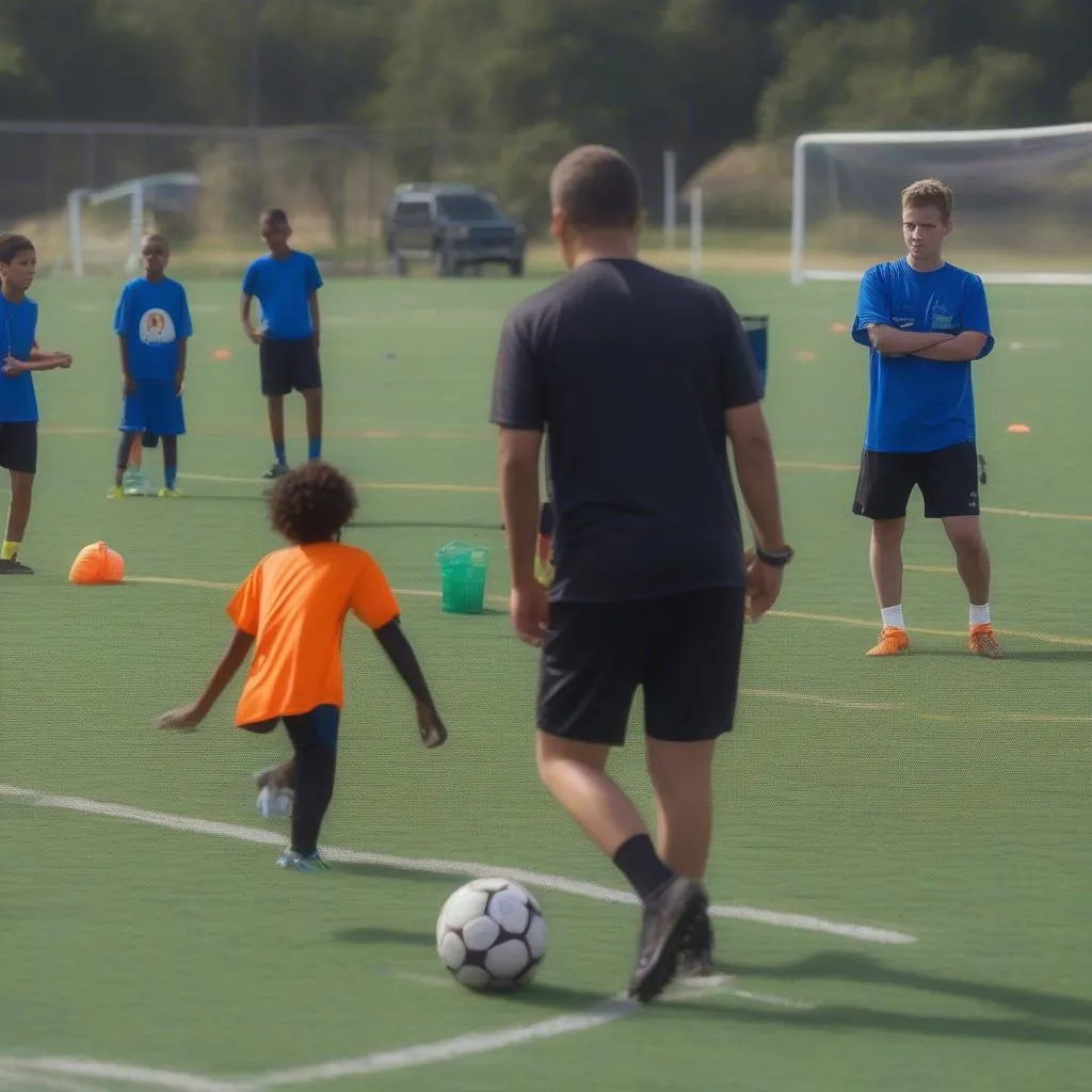 Youth travel league soccer coach giving instructions