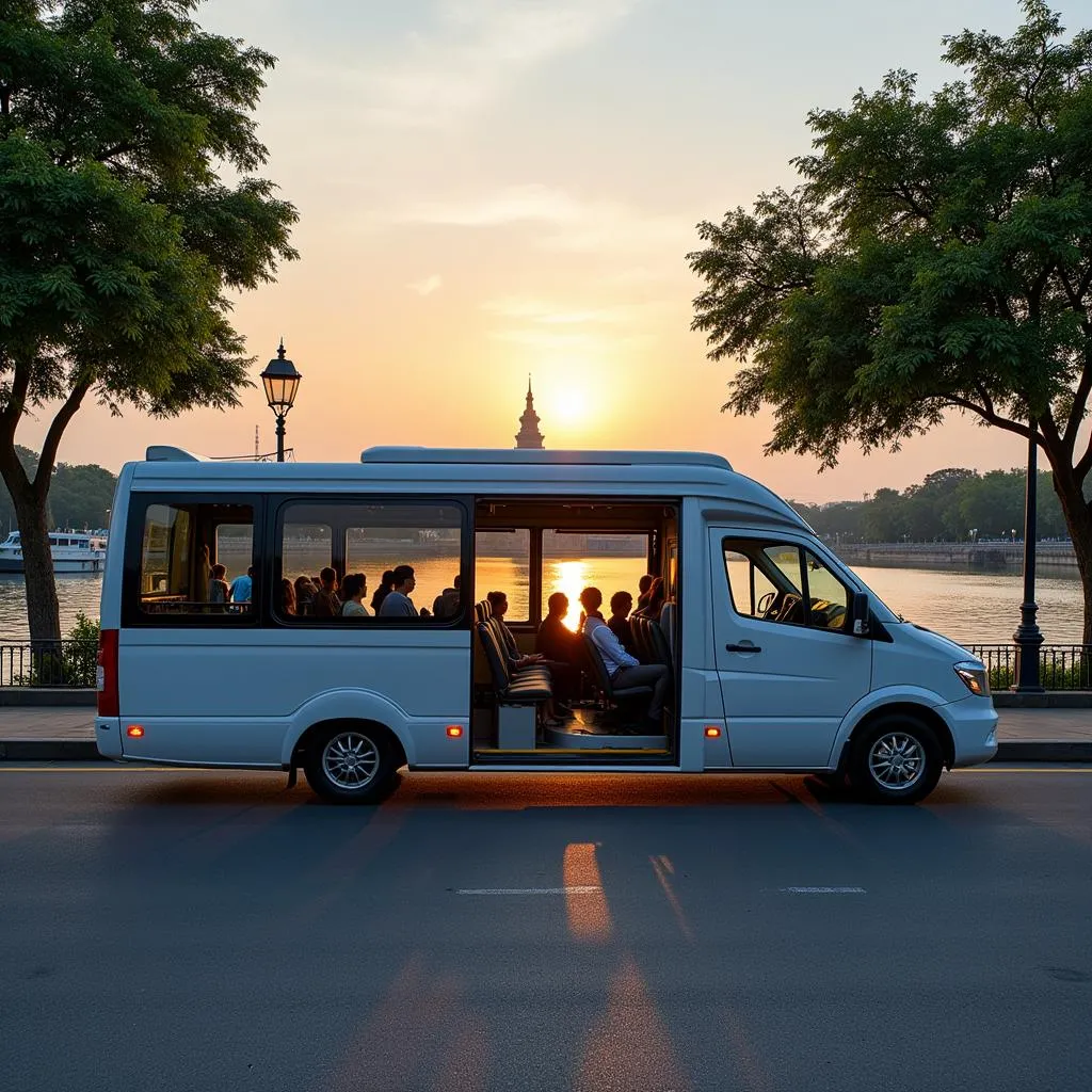 Modern 16-seater bus parked in front of the iconic Hoan Kiem Lake in Hanoi