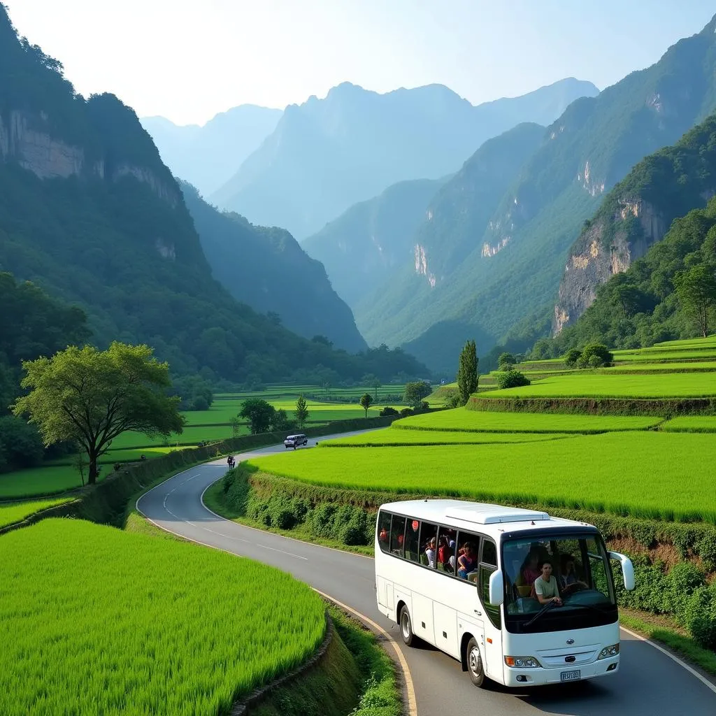 A 16-seater bus driving through the scenic countryside of Vietnam on a road trip