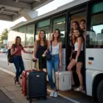 Group of friends boarding a 16-seater bus in Bac Ninh