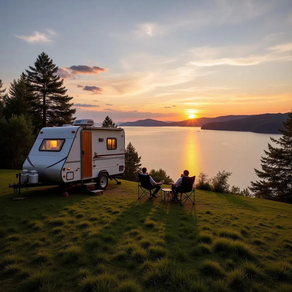 A-frame parked by a serene lake