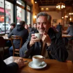 American tourist enjoying Turkish tea in a cafe