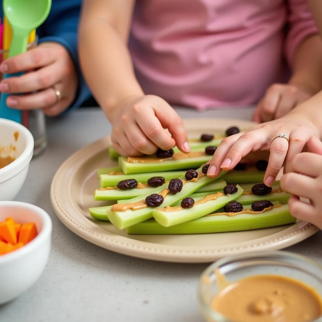 Kids making ants on a log snack