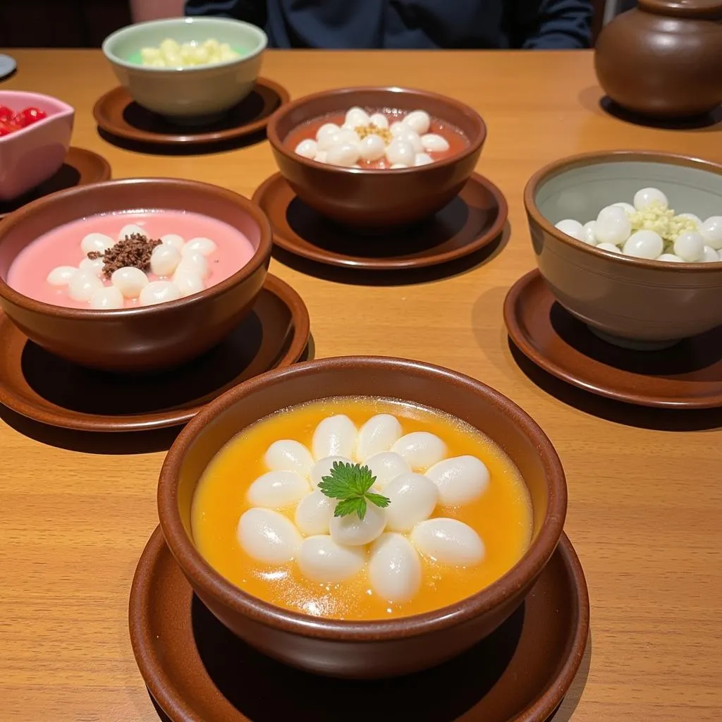 An assortment of vibrantly colored Chè desserts, each adorned with a generous serving of chewy tapioca pearls.