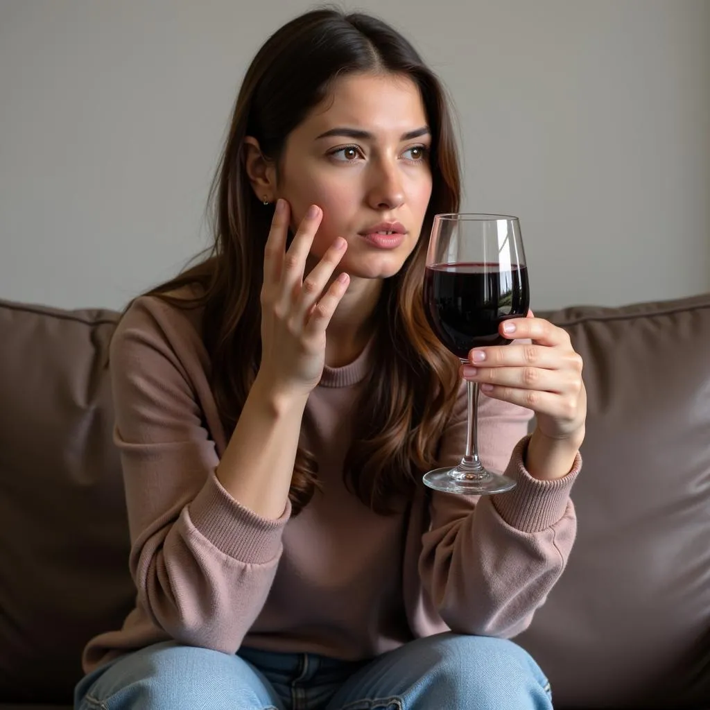 Woman holding a glass of red wine with a concerned expression