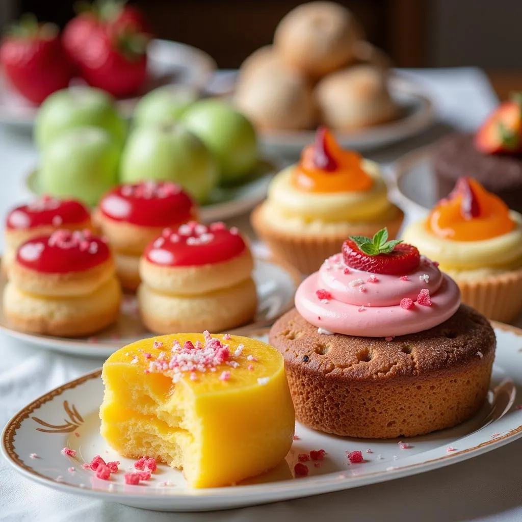 A table spread with various Vietnamese desserts, highlighting the need to limit sugary treats for healthy gums