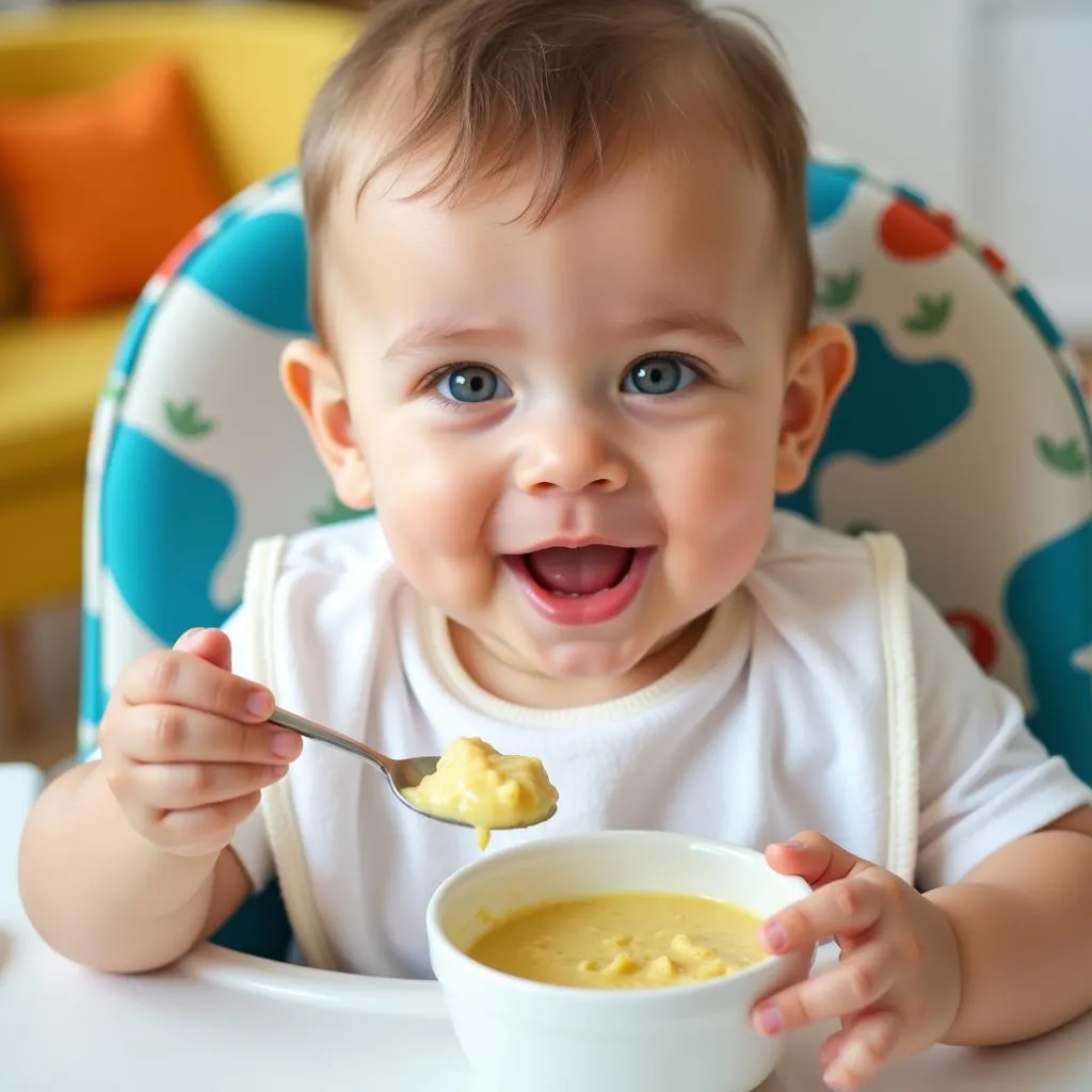 Baby Eating Pureed Mackerel