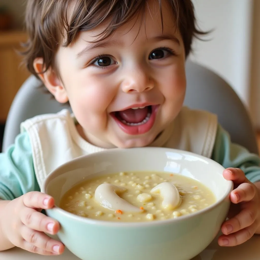 Baby Enjoying Eel Porridge