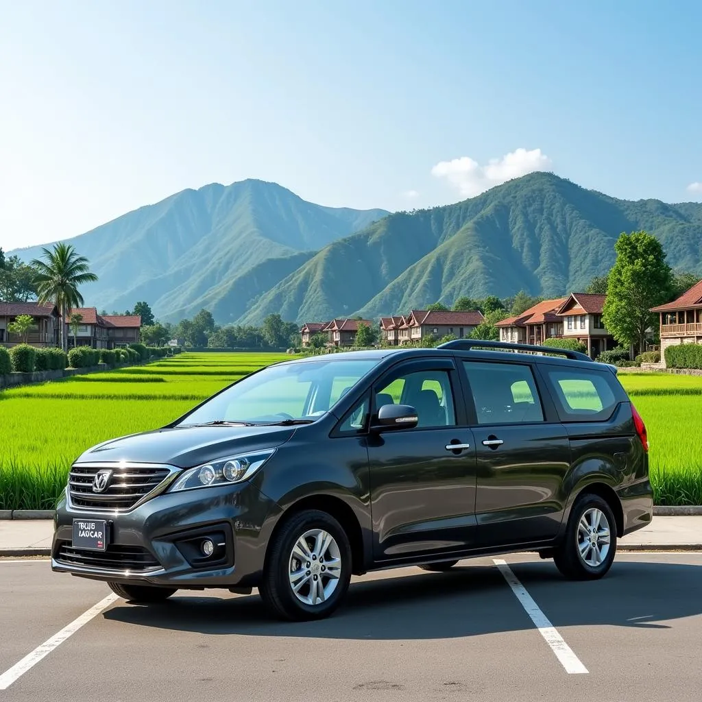 Modern 16-seater bus from TRAVELCAR parked in front of a scenic Bac Ninh landscape.