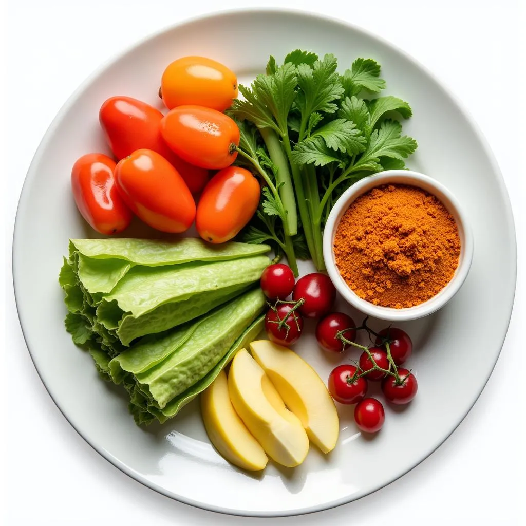 A plate with a variety of colorful vegetables, fruits, and healthy fats