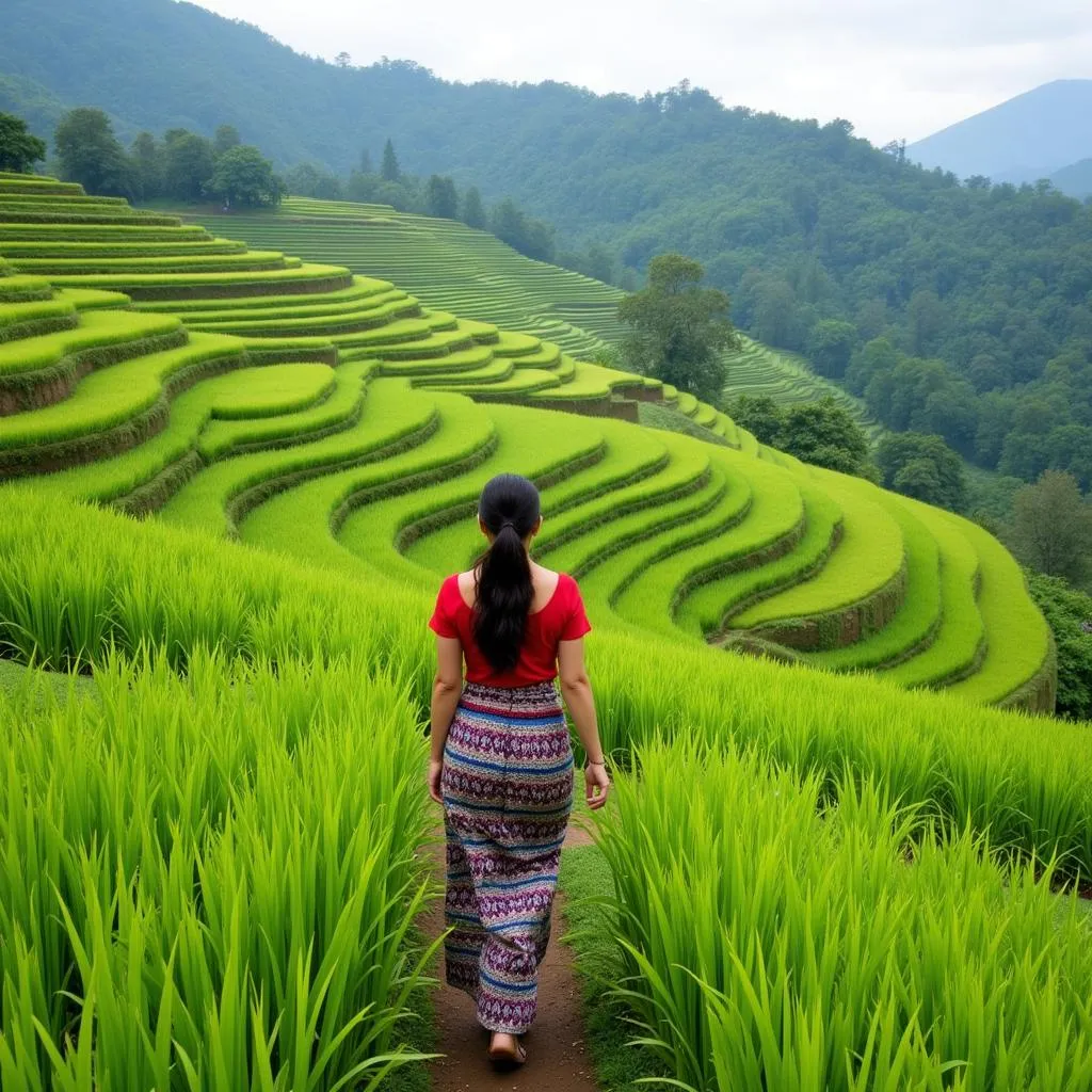 Lush Green Rice Paddies in Bali with Woman Walking