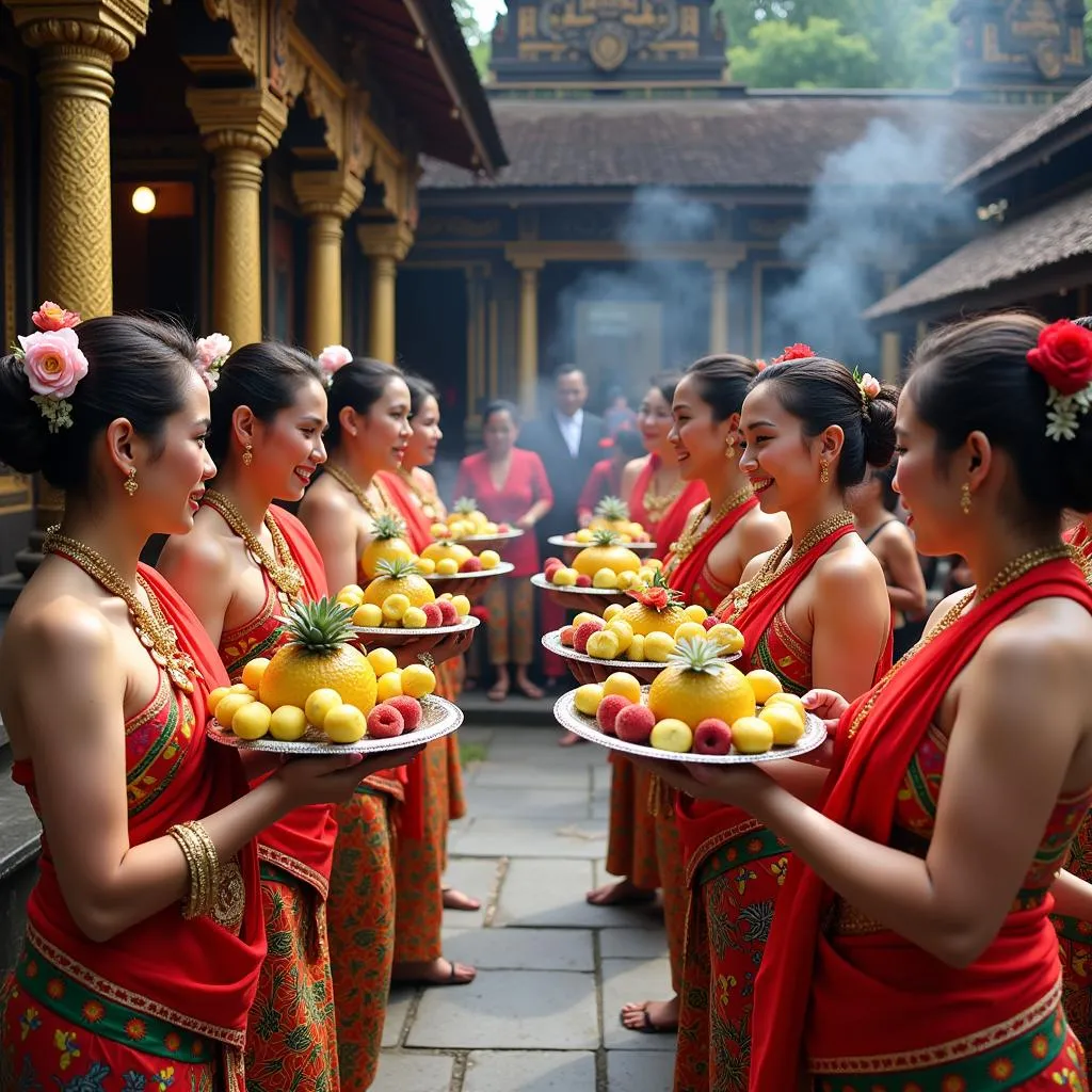 Traditional Balinese Temple Ceremony with Offerings