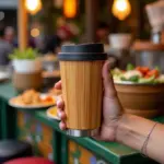 Bamboo travel mug held by a street vendor in Hanoi