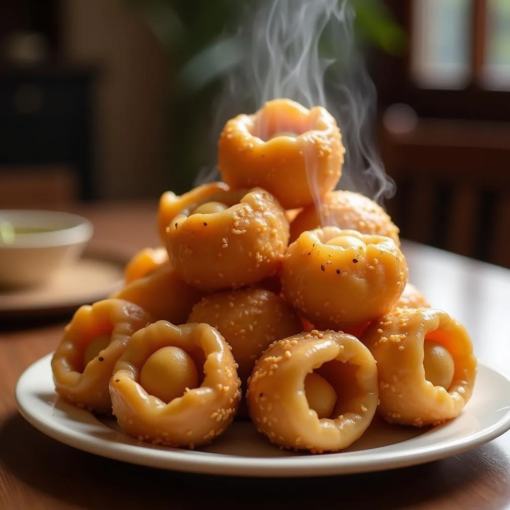 Golden brown banh cam on a plate in Hanoi