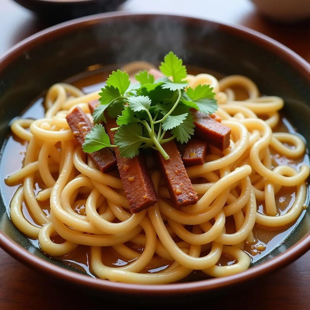 Steaming bowl of banh canh bot xat