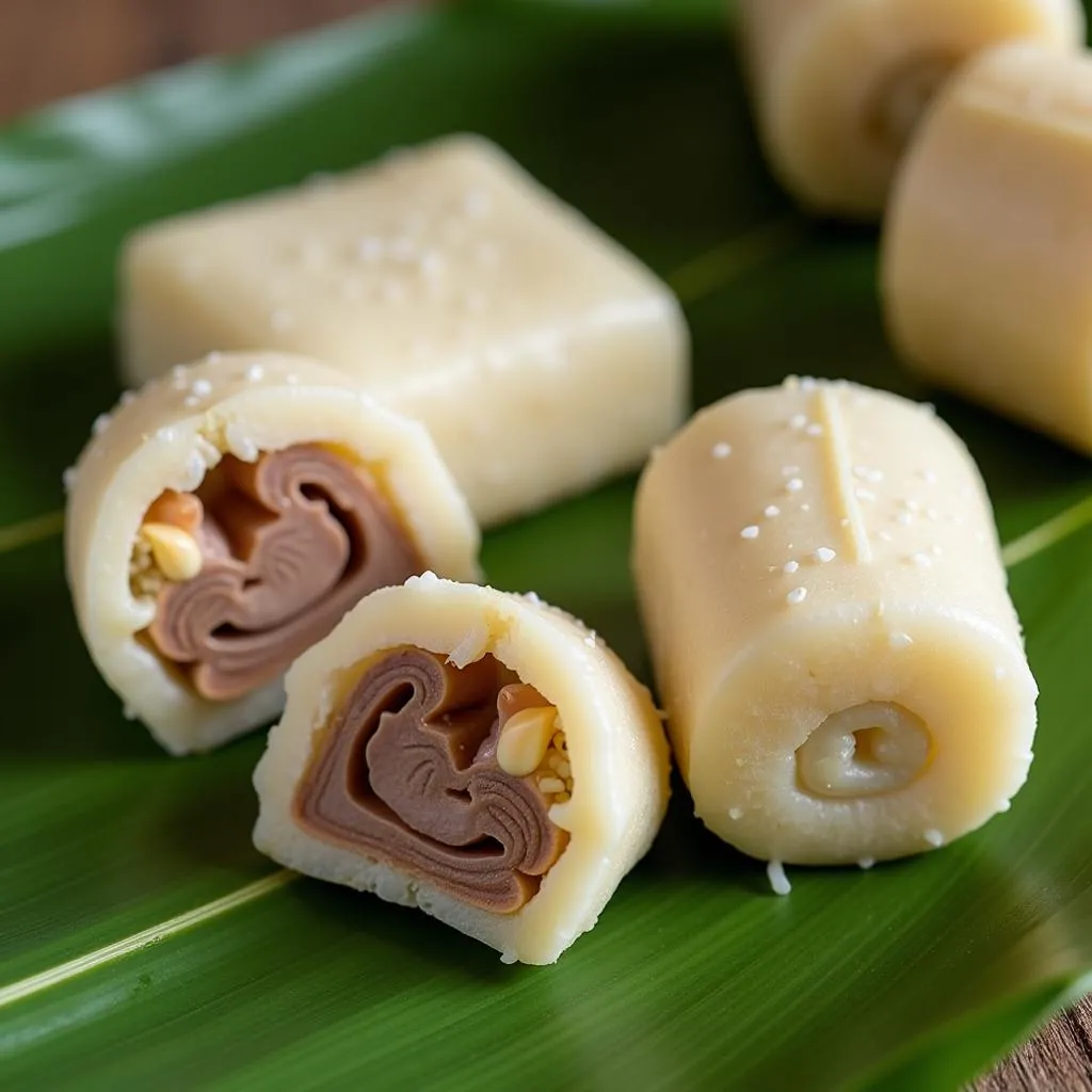 Banh Chung and Banh Tet on a Banana Leaf