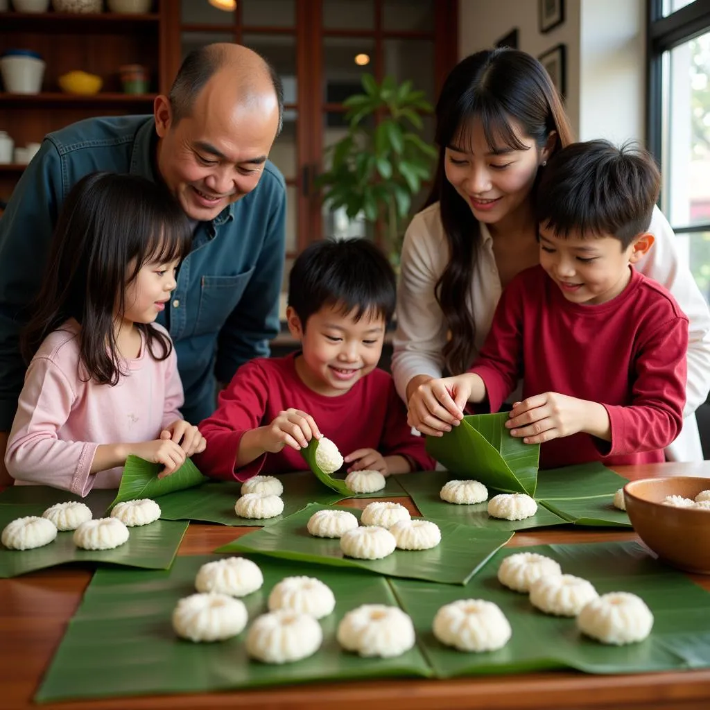 Family preparing Banh Chung for Tet