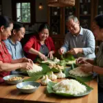 Family preparing Banh Chung for Tet