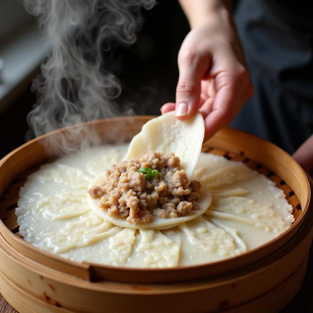 Skilled hands making Banh Cuon, a popular Vietnamese dish, in a traditional Hanoi restaurant.