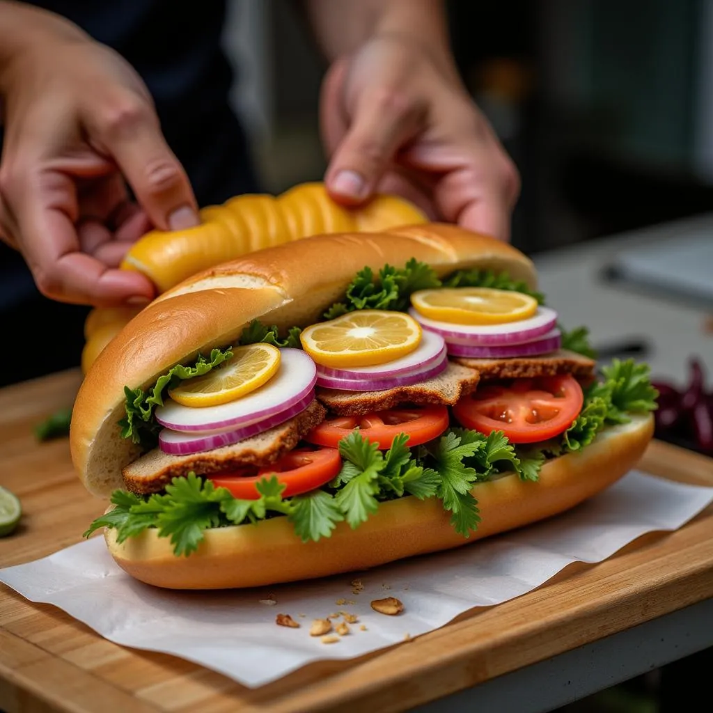 A delicious Banh Mi sandwich on a Hanoi street