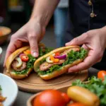 Hanoi street food vendor preparing Banh Mi