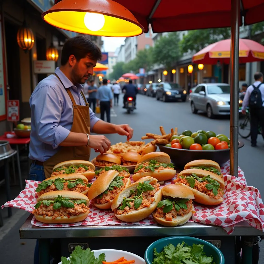 Banh Mi street food vendor in Hanoi Old Quarter