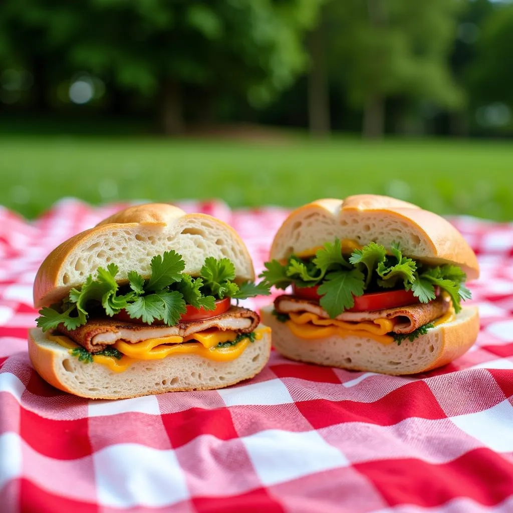 Banh mi sandwiches on a picnic blanket