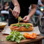 Hanoi street vendor making banh mi