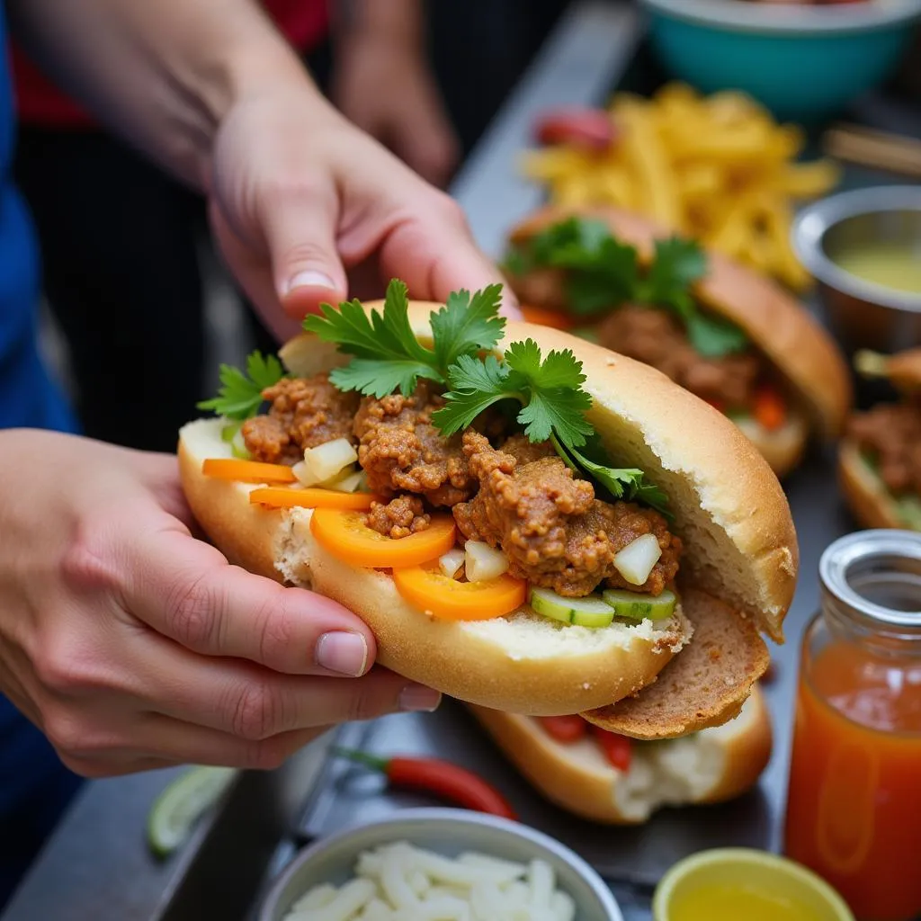 A bustling Hanoi street food vendor preparing Banh Mi