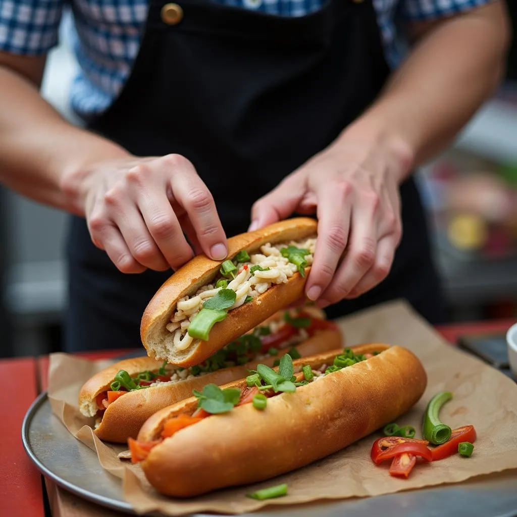 A street vendor making banh mi in Hanoi