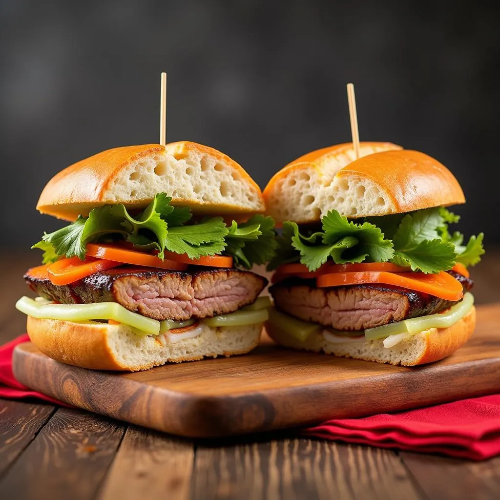 A colorful Banh Mi sandwich on a wooden cutting board