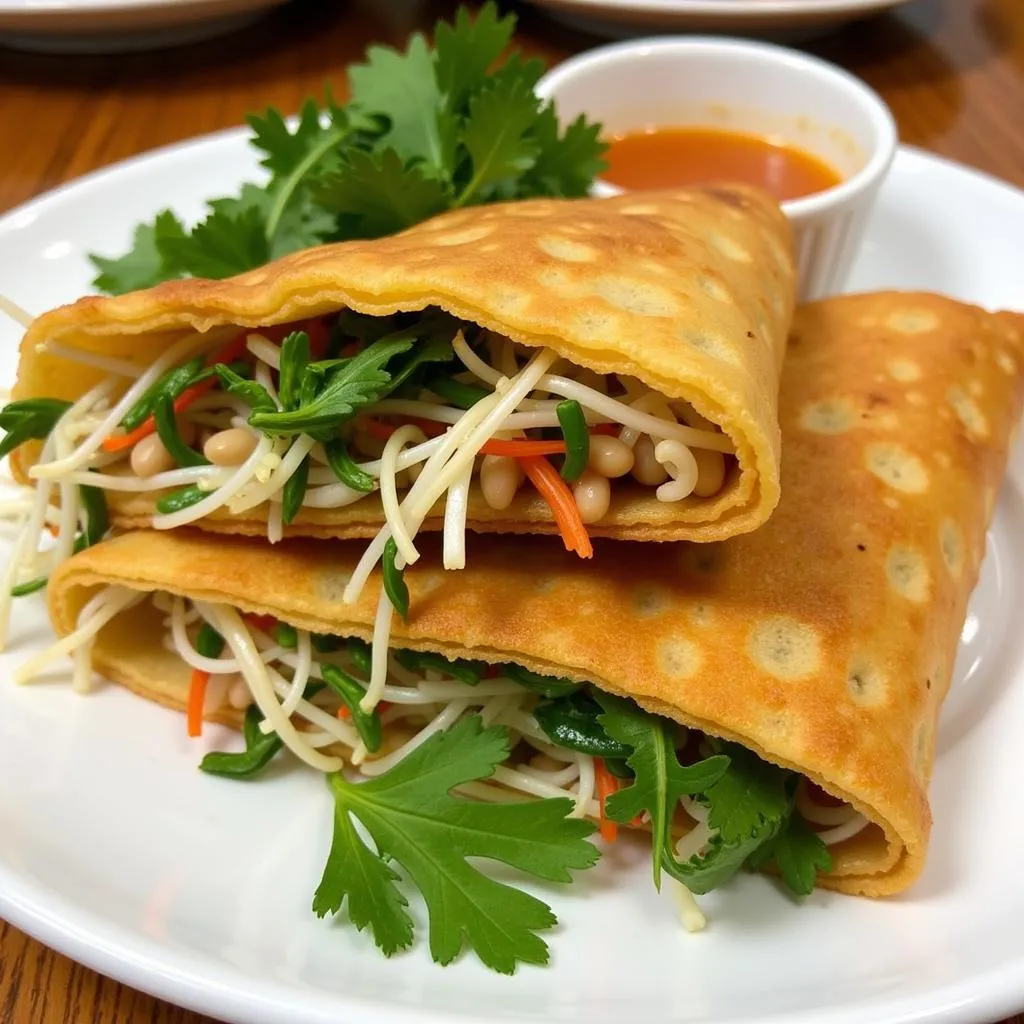 Crispy Banh Xeo Chay served with fresh herbs