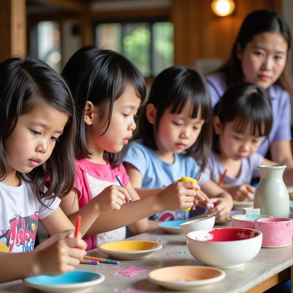 Children painting ceramics in Bat Trang Ceramic Village