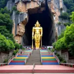 Batu Caves entrance with the golden Murugan statue